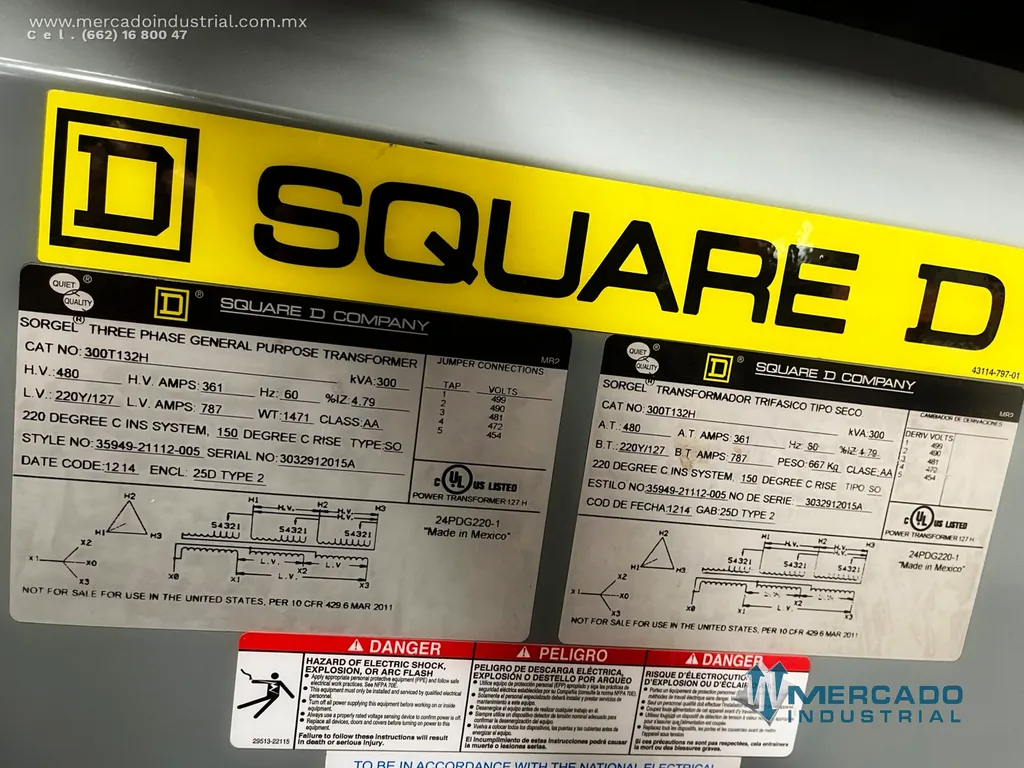 Transformador seco 300 KVA 480-220Y/127V modelo 300T132H marca SQUARE D