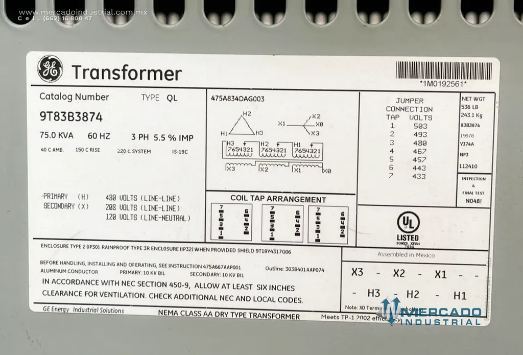 Transformador seco 75.0 KVA 480-208/120V modelo 9T83B3874 marca GENERAL ELECTRIC