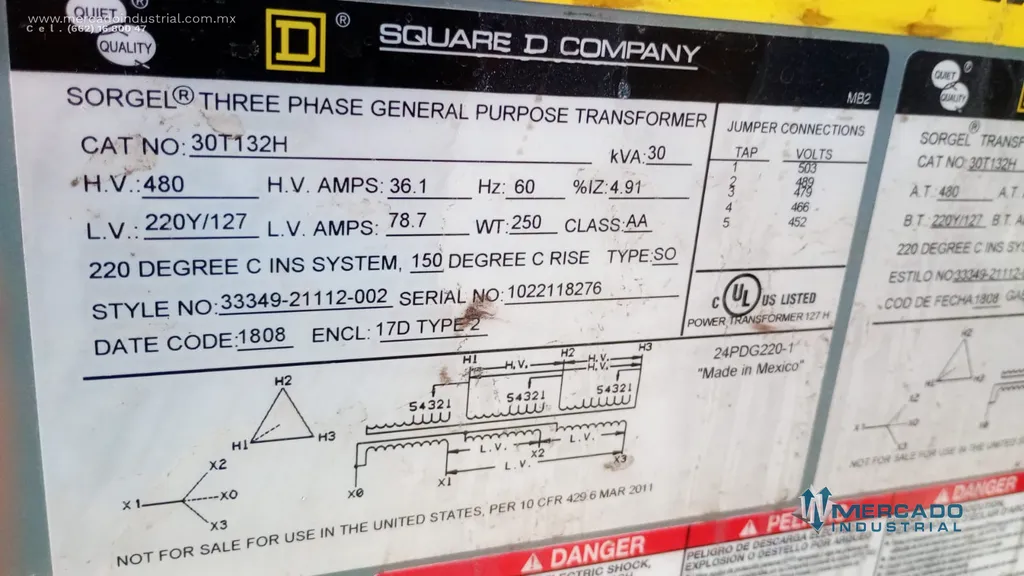 Transformador seco 30 KVA 480-220Y/127V modelo 30T132H marca SQUARE D