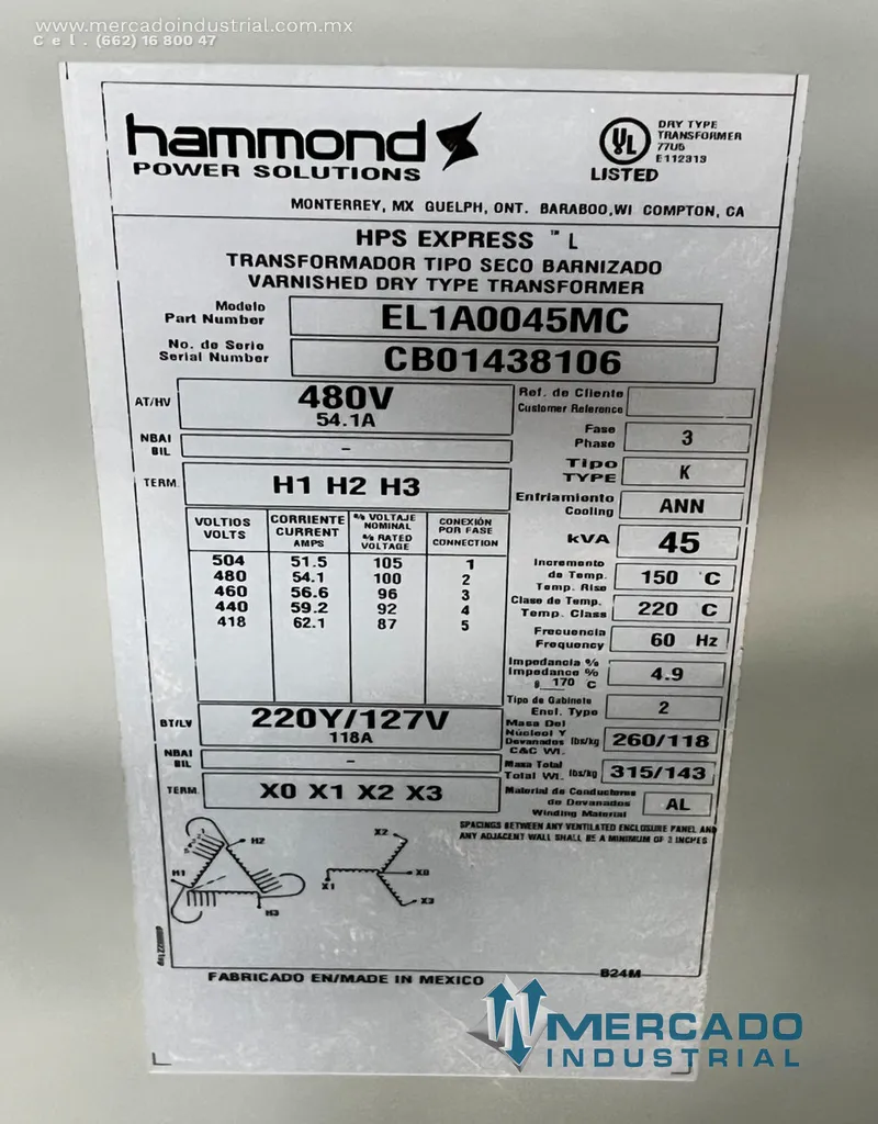 Transformador seco 45 KVA 480-220Y/127V modelo EL1A0045MC marca HAMMOND