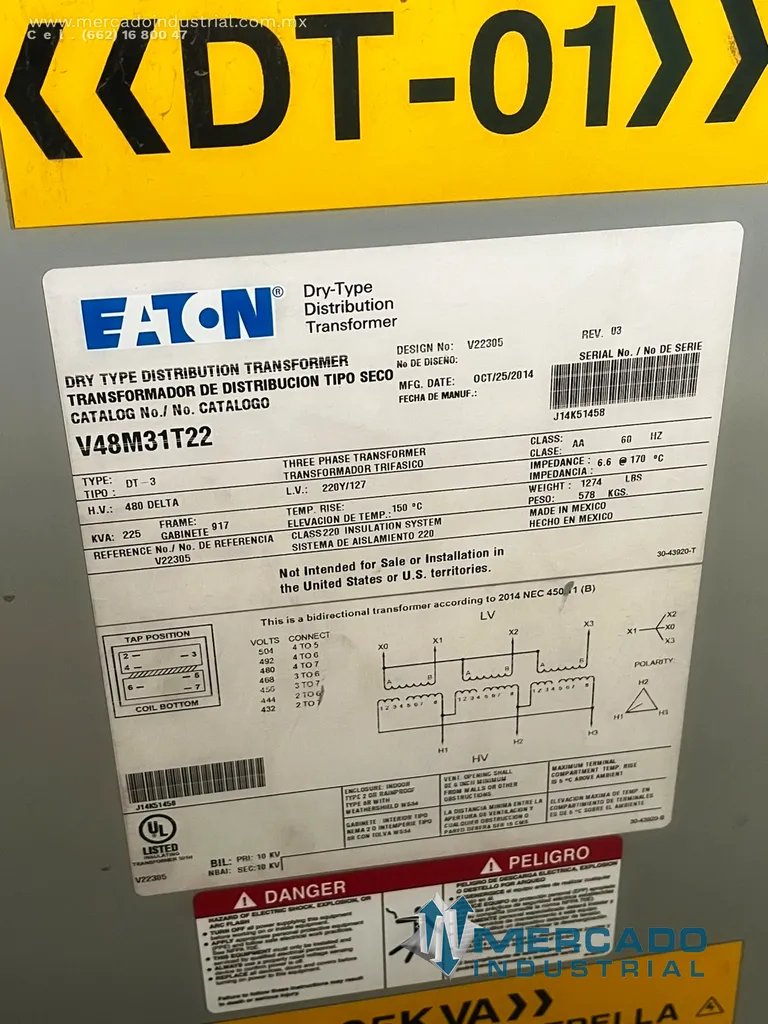 Transformador seco 225 KVA 480-220Y/127V modelo V48M31T22 marca EATON