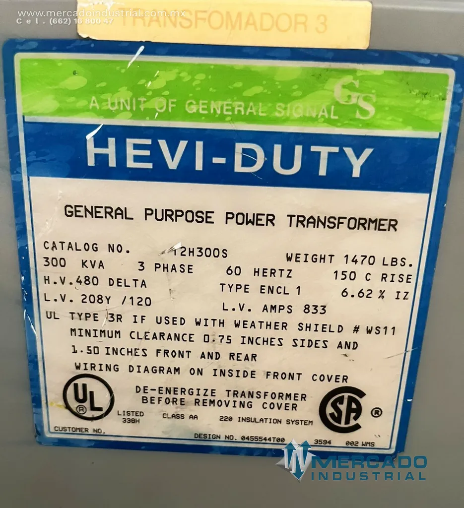 Transformador seco 300 KVA 480-208Y/120V modelo 12H300S marca HEVI-DUTY