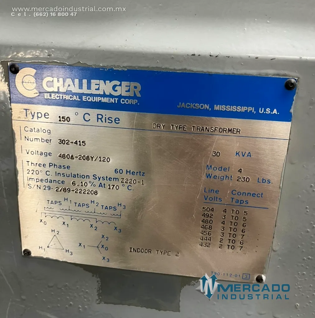Transformador seco 30 KVA 480-208Y/120V modelo 302-415 marca CHALLENGER