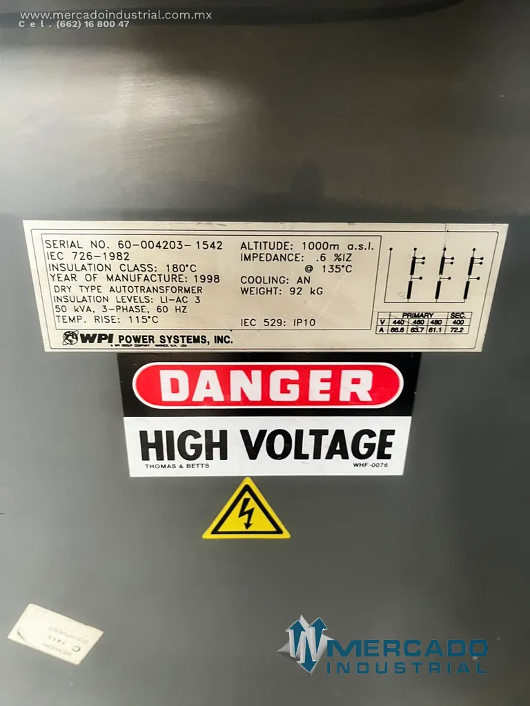 Transformador seco 50 KVA 440/460/480-400-V marca WPI