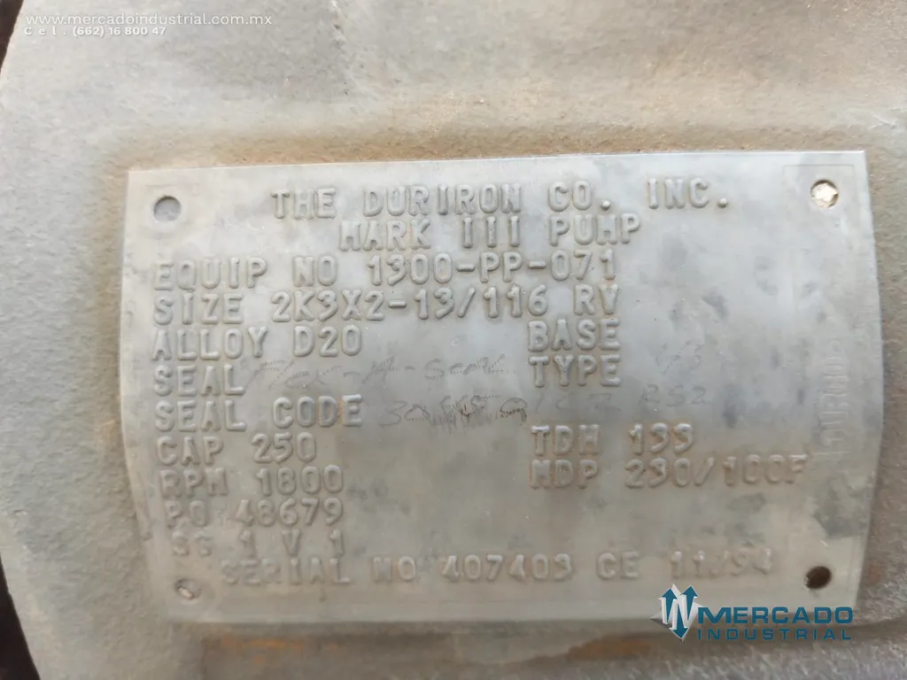 Bomba centrífuga 3x2" 250 GPM de acero inoxidable tipo 2K3X2-13/116 RV marca DURCO
