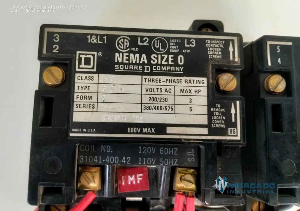 Contactor electromecánico 600 V CA 27 AMP Nema modelo 243974 marca SQUARE D