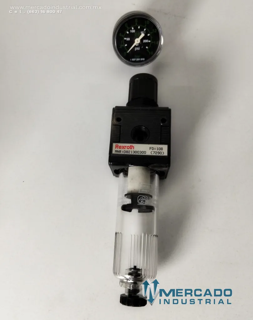 Filtro regulador de aire neumático 230 PSI con manómetro modelo 0821300300 marca Rexroth