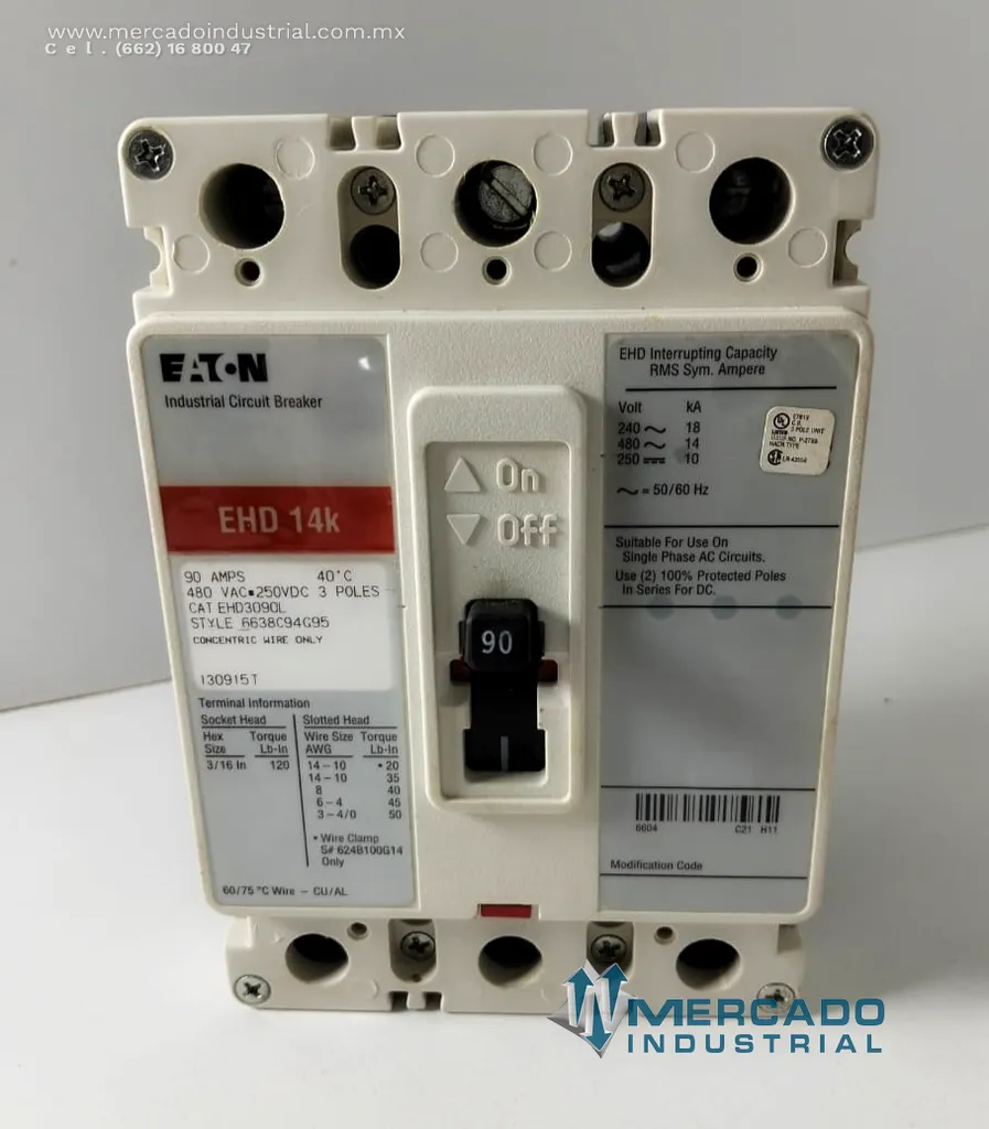 Interruptor automático industrial 90 AMP 480 VAC 3 polos  modelo EHD 14k marca Eaton