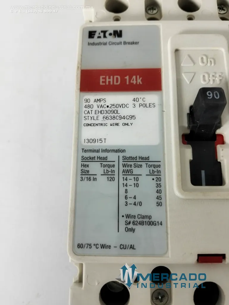 Interruptor automático industrial 90 AMP 480 VAC 3 polos  modelo EHD 14k marca Eaton