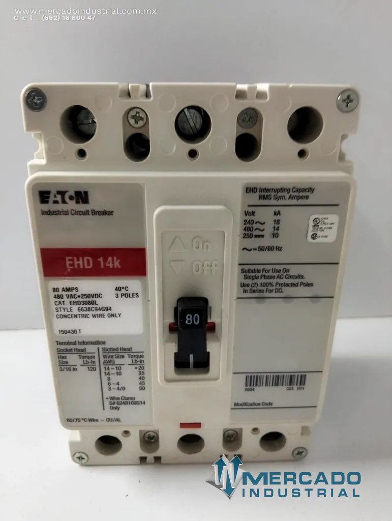 Interruptor termomagnético industrial 80 AMP 480 VAC 3 polos modelo EHD 14k marca Eaton