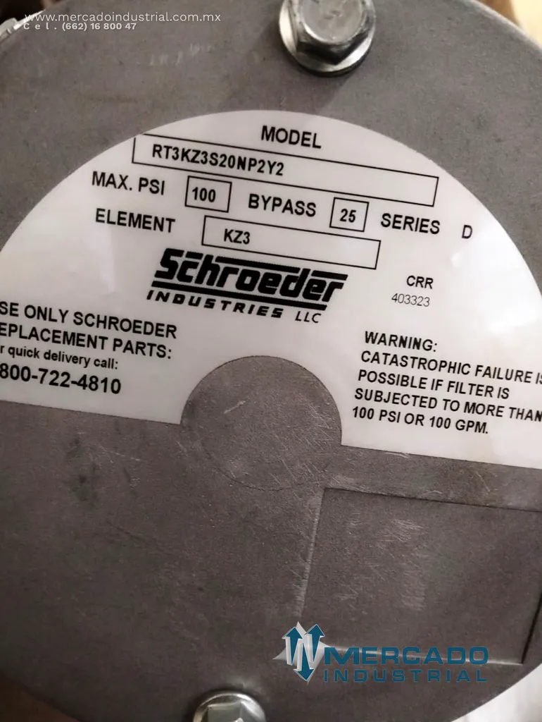 Filtro hidráulico de retorno 100 PSI 100 GPM modelo RT3KZ3S20NP2Y2 marca Schroeder industries