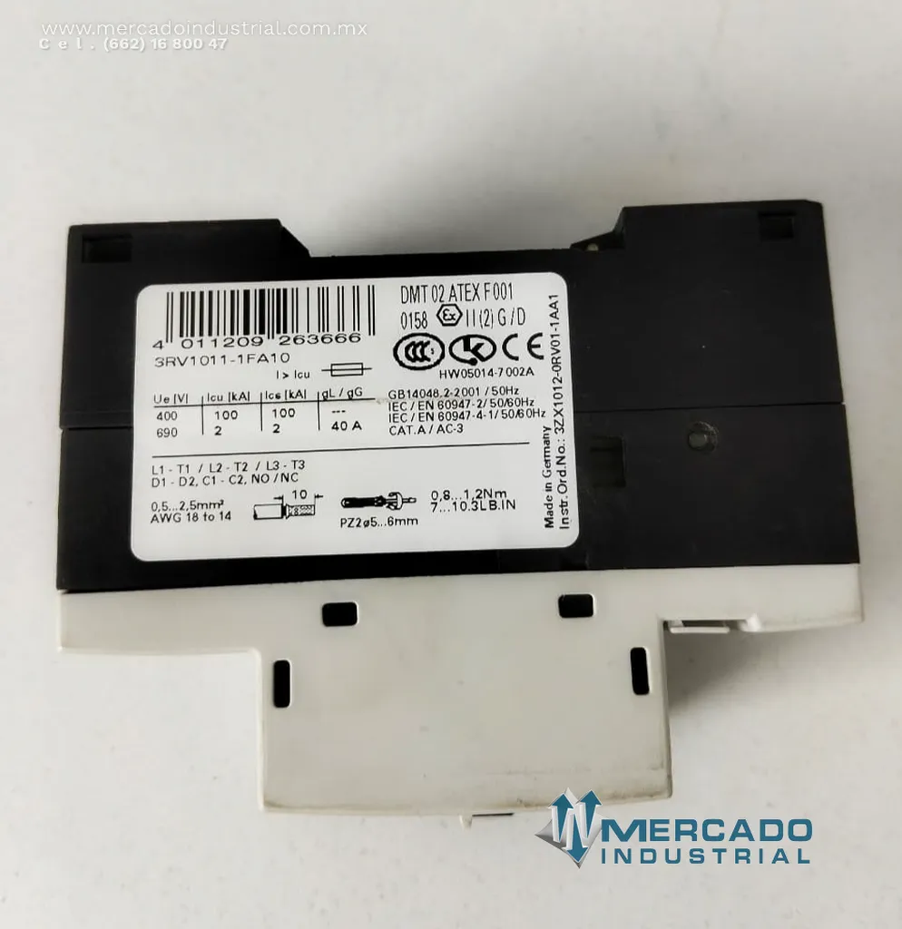 Interruptor guarda motor 5 A 690V modelo 3RV1011-1FA10 marca Siemens