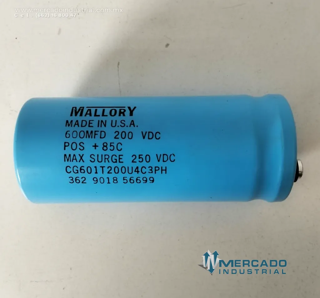 Capacitor electrolítico de potencia 600 MFD 200VDC modelo CG601T200U4C3PH marca Mallory