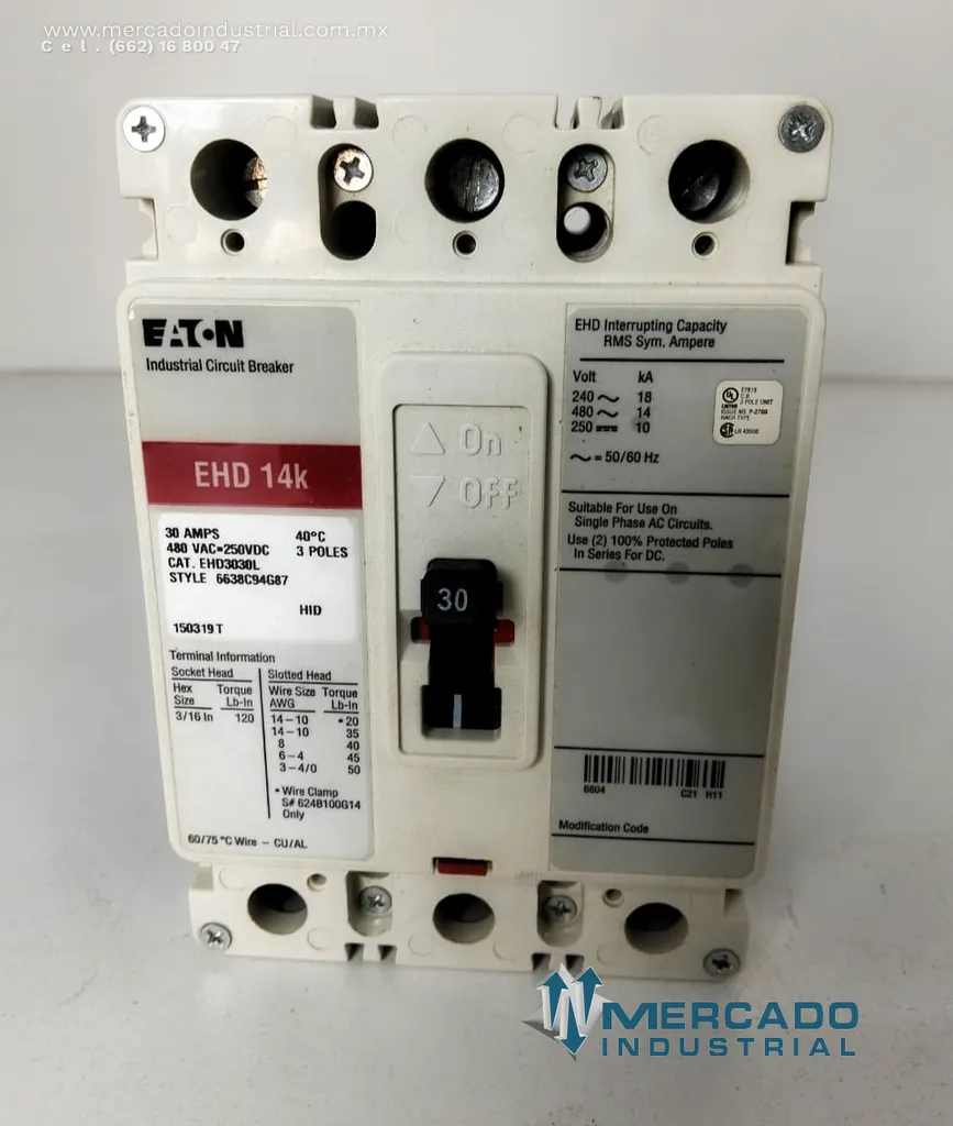 Interruptor termomagnético industrial 30 AMP 480VAC 3 polos parte EHD3030L marca Eaton