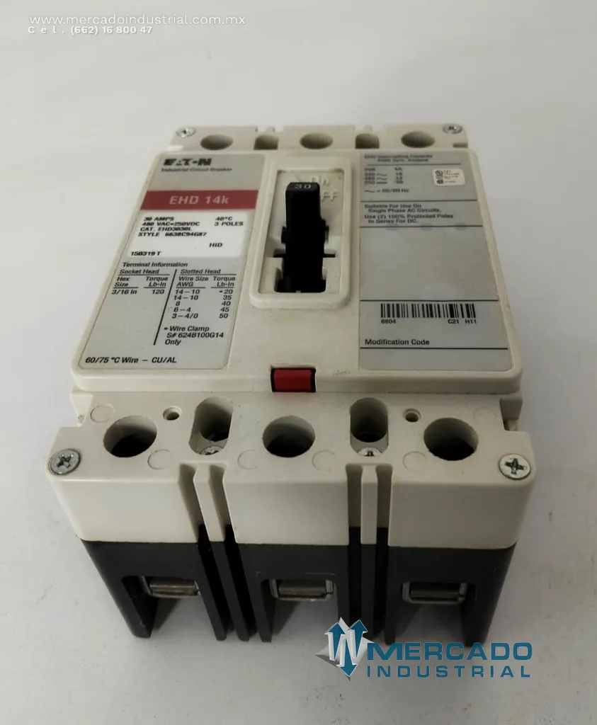 Interruptor termomagnético industrial 30 AMP 480VAC 3 polos parte EHD3030L marca Eaton