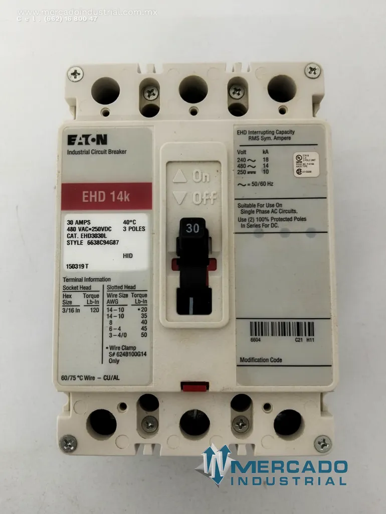 Interruptor termomagnético industrial 30 AMP 480VAC 3 polos parte EHD3030L marca Eaton