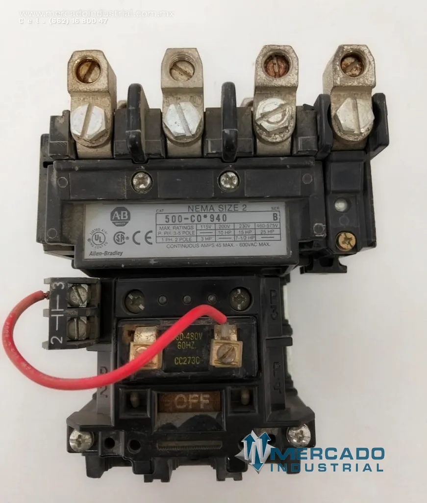 Contactor eléctrico industrial 480VAC 45 AMP modelo 500-C0*940 marca Allen-Bradley