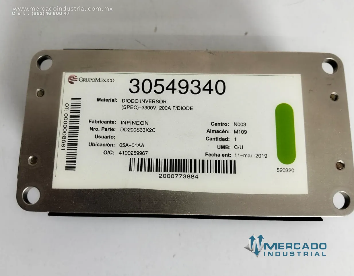 Diodo inversor 3300 V 200 A parte DD200S33K2C marca INFINEON TECHNOLOGIES