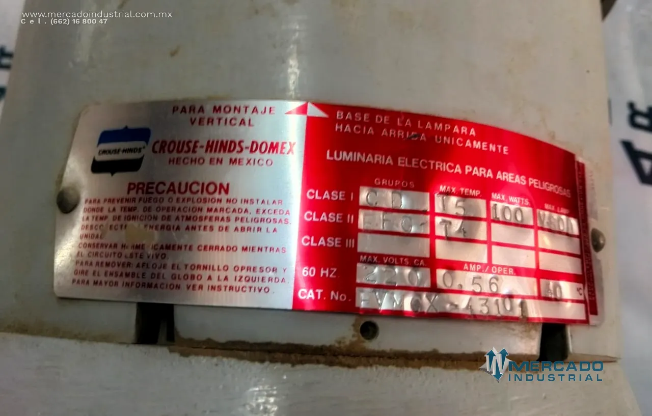 Lampara de vapor sodio cristal 400 W VSOD modelo EV400X marca CROUSE-HINDS