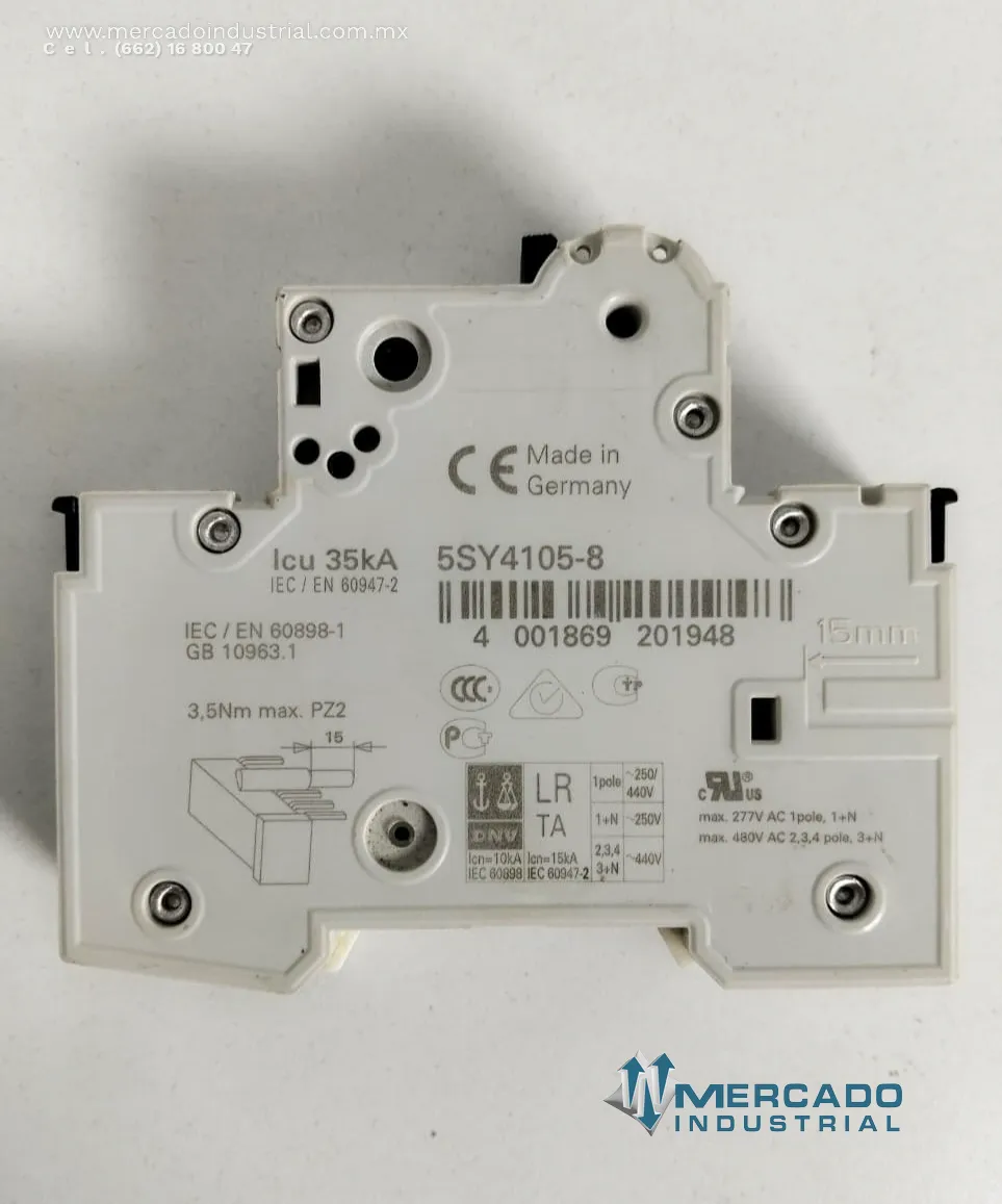Interruptor termomagnético 400 VAC modelo 5SY4105-8 marca Siemens
