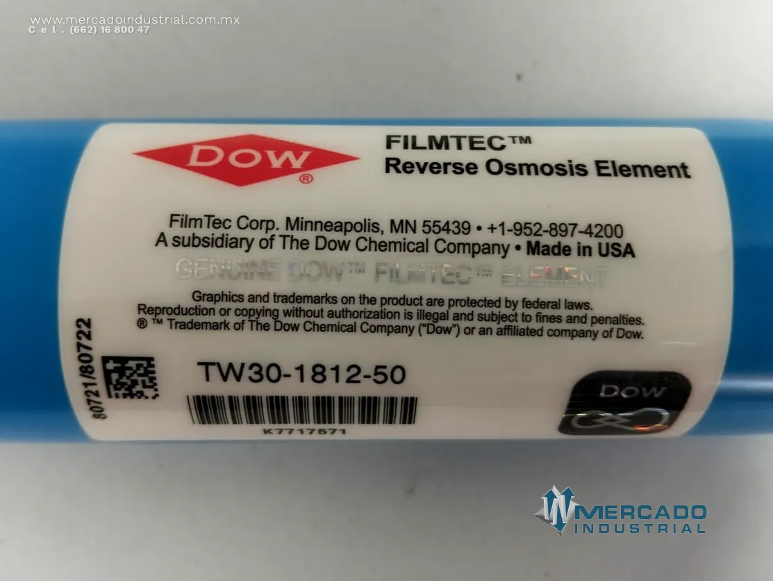Cartucho de membrana de ósmosis inversa 100 PSI modelo TW30-1812-50 marca Dow Filmtec