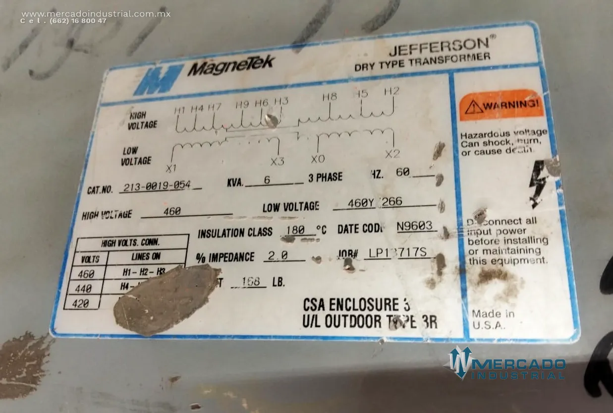 Transformador seco 6 KVA 460 V modelo N9603 marca MAGNETEK