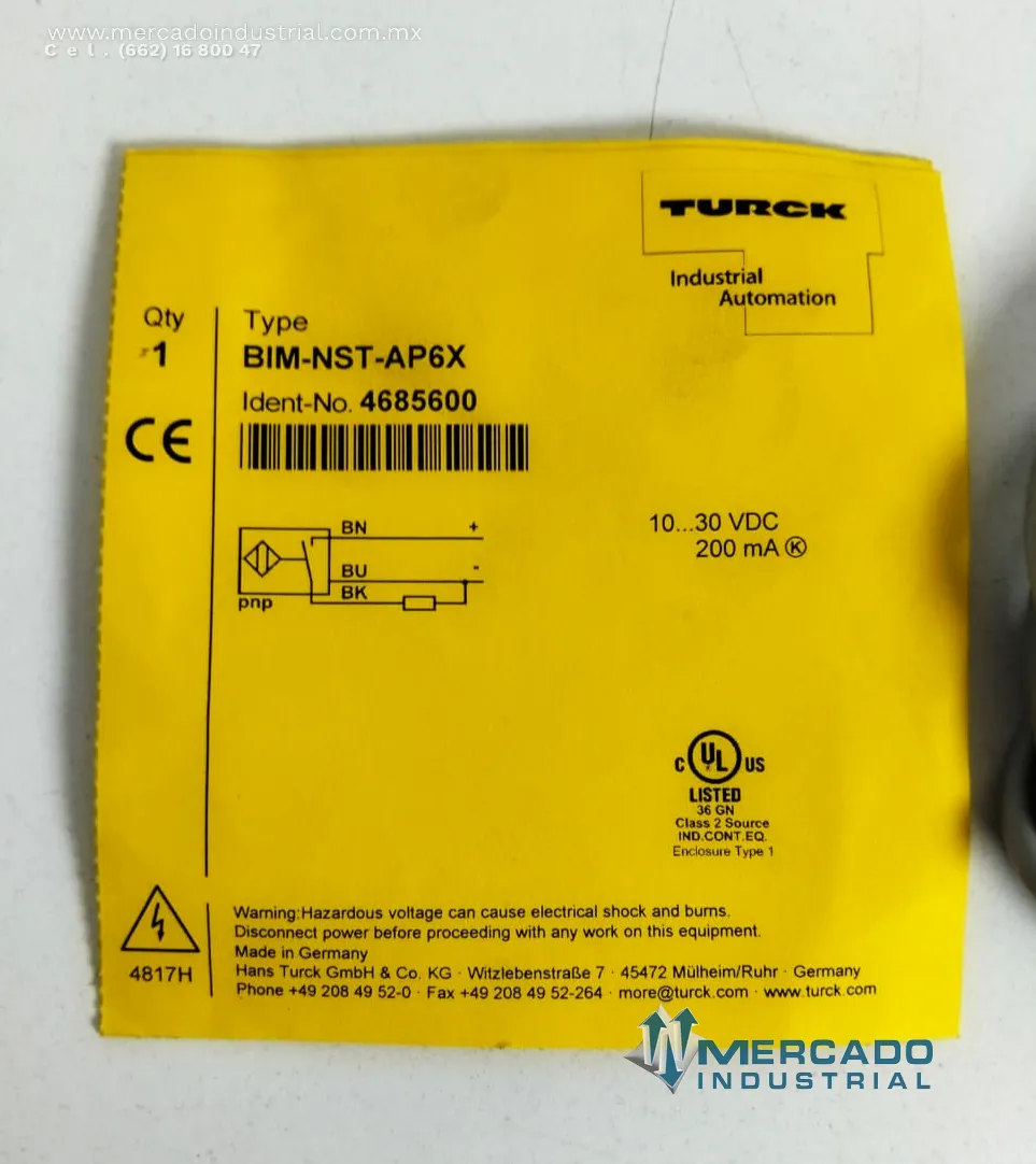 Sensor magnético de posición 10-30 V DC 200 mA modelo BIM-NST-AP6X marca TURCK
