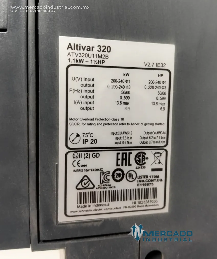 Variador de frecuencia  240 V 1 1/2 HP 6.9 A modelo ATV320U11M2B marca SCHNEIDER ELECTRIC